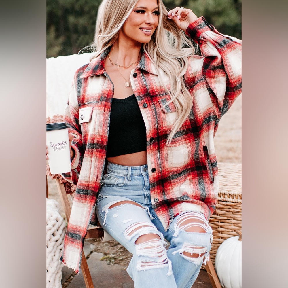 🆕🌿❤️MUNDEFEIS: RED/CREAM/BLACK Soft Flannel Shacket SMALL